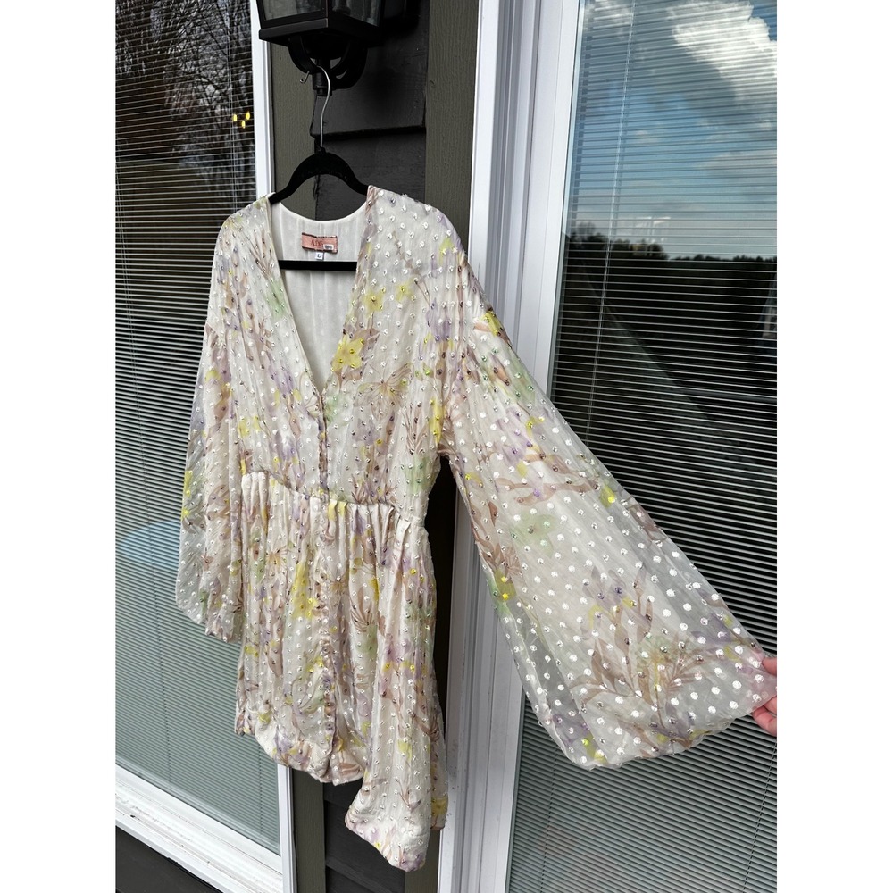 Alexis Behati Floral Swiss Dot Balloon Sleeve Mini Dress Cream Yellow Multi L - Picture 5 of 8